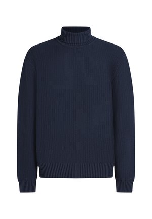 Marineblå strikket turtleneck-genser med ribbestruktur, lange ermer og tett kant. Har en tykk rullesign og en klassisk snitt.