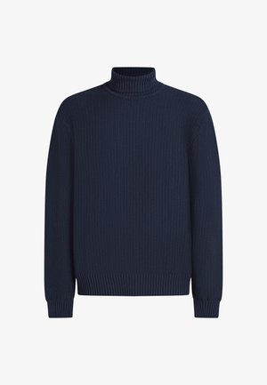 Marineblå strikket turtleneck-genser med ribbestruktur, lange ermer og tett kant. Har en tykk rullesign og en klassisk snitt.