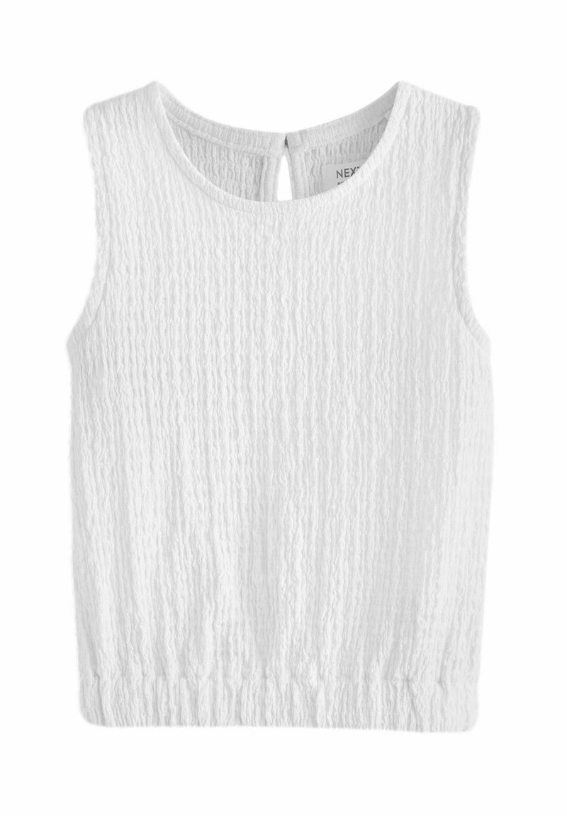 Top senza maniche bianco con tessuto texturizzato, scollatura rotonda e dettaglio a occhiello sul retro, con orlo elasticizzato.
