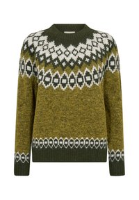 Virkat tröja i olivgrön med ett geometriskt mönster i vitt och mörkgrönt. Har en rund halsringning och ribbade ärmslut och fåll.