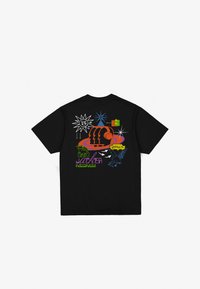 Black cotton t-shirt featuring colorful graphic prints, including suns, a fist, and stylized text on the back. Short sleeves, crew neckline.