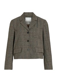 Bruine geruite cropped blazer met notch-lapels, twee voorzakken en zwarte knopen. Gemaakt van textuurstof. Gevoerd interieur.