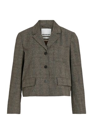 Blazer corto a quadre marrone con revers, due tasche frontali e bottoni neri. Realizzato in tessuto testurizzato. Interno foderato.