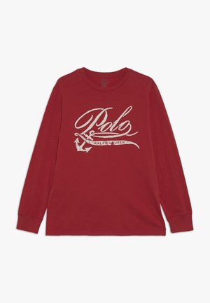 Rød langærmet skjorte med hvid "Polo Ralph Lauren" tekst og et anker motiv på fronten, rund hals, ribbede ærmegab.