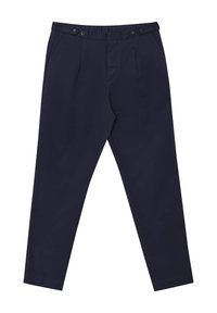 Pantalon fuselé bleu marine avec poches latérales et détails en boutons à la taille.