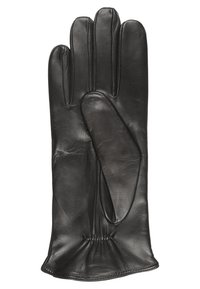 Gant en cuir noir avec cinq doigts, texture lisse, détail froncé au poignet et design sans couture pour un ajustement confortable.