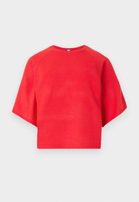 Red short-sleeve knit top with a rounded neckline and ribbed hem. Features a smooth texture and relaxed fit, suitable for casual wear.