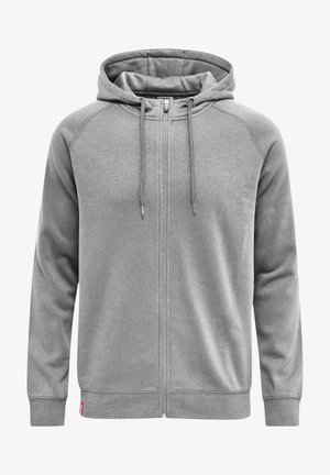 Grijze zip-up hoodie met een capuchon, ribgebreide boorden en zoom. Met trekkoorden en een gladde fleece structuur. Geen zichtbare patronen of hardware.