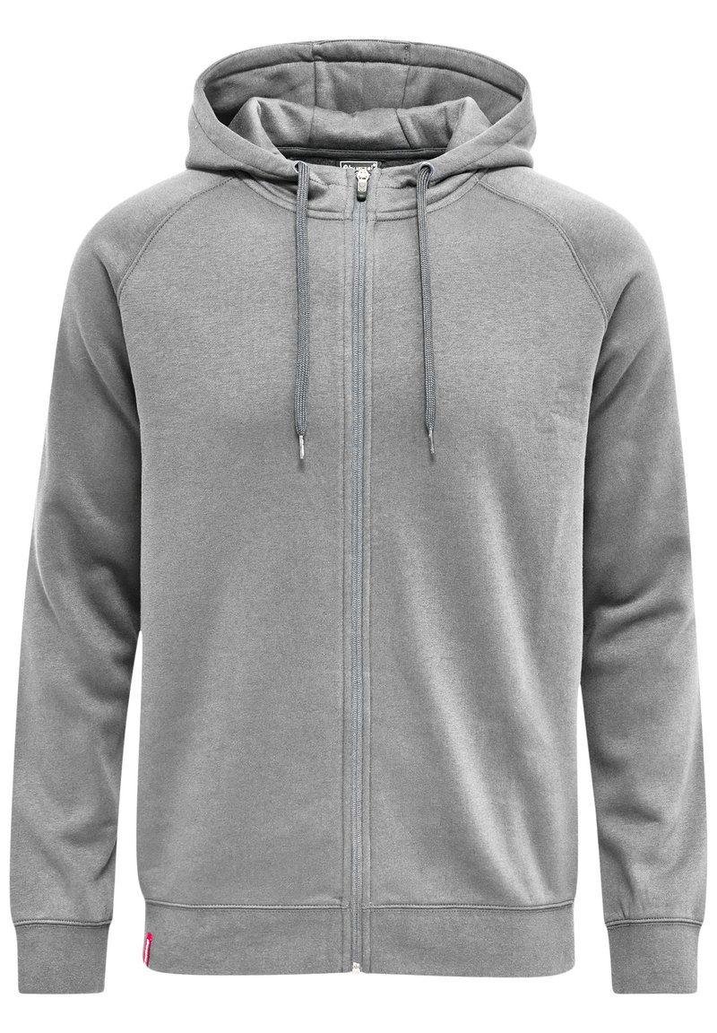 Felpa grigia con zip e cappuccio, maniche a costine e orlo. Presenta lacci e una texture in felpa liscia. Nessun motivo o hardware visibile.