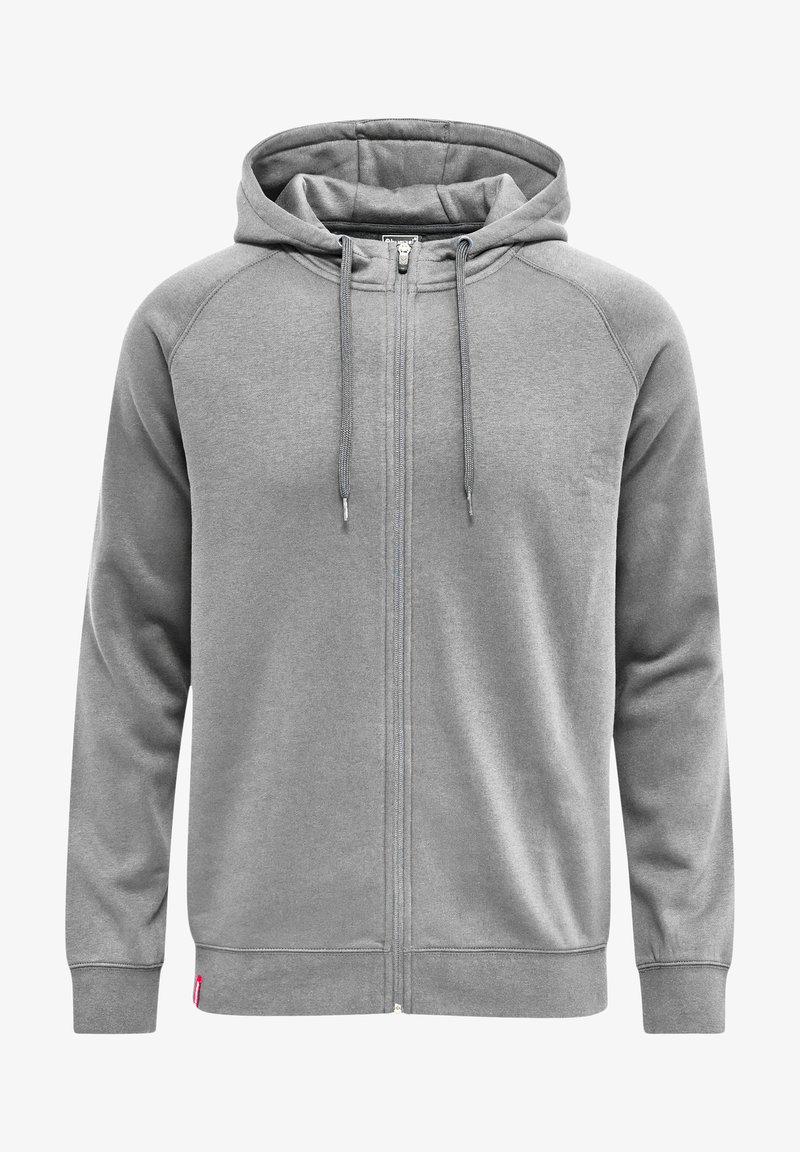 Graue Zip-Hoodie mit Kapuze, gerippten Bündchen und Saum. Verfügt über Zugbänder und eine glatte Fleece-Textur. Keine sichtbaren Muster oder Beschläge.