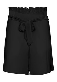 Black shorts with a ruffled waistband, a tied belt at the front, and a smooth texture. Features a loose fit and straight cut.