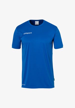Blå atletisk t-shirt lavet af glat, let materiale. Har en rund hals og korte ærmer med logoet "uhlsport" på forsiden.