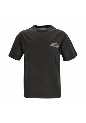 Schwarzes T-Shirt mit kurzen Ärmeln und Rundhalsausschnitt mit kleinem weißem Textlogo auf der linken Brust mit der Aufschrift „Jack & Jones Contemporary Co.“