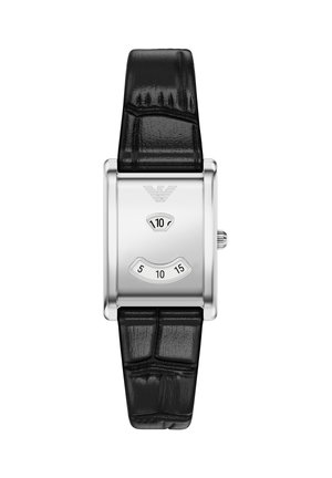 Rechteckige silberne Armbanduhr mit schwarzem Lederarmband, digitalen Stunden- und Minutenanzeigen und einem Adler-Logo über dem Stundenfenster.