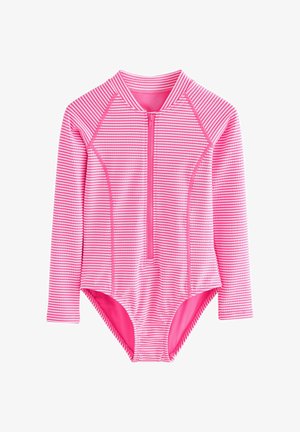 Langærmet badedragt i lys pink med hvide vandrette striber. Har en frontlynlås og et glat, strækbart stof for komfort.