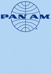 Ljusblå bakgrund med en stor blå globdesign som har horisontella linjer. "PAN AM" finns i framträdande fetblå bokstäver.
