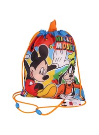 Plecak na sznurku z kolorowymi rysunkami kreskówkowymi Myszki Miki i Goofiego na niebieskim tle, z pomarańczowymi sznurkami i akcentami.