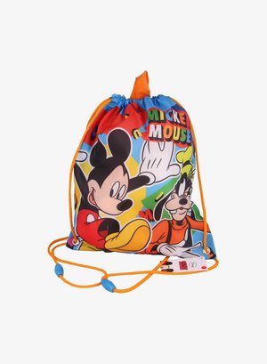 Kordelzug-Rucksack mit bunten Cartoon-Designs von Mickey Mouse und Goofy auf einem blauen Hintergrund, mit orangen Schnüren und Akzenten.