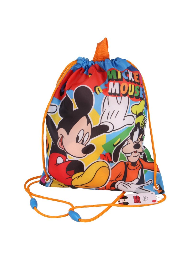 Plecak na sznurku z kolorowymi rysunkami kreskówkowymi Myszki Miki i Goofiego na niebieskim tle, z pomarańczowymi sznurkami i akcentami.