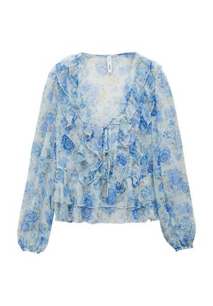 Blouse florale en tissu léger bleu clair et blanc transparent. Présente des bords froncés, des manches longues et un devant à nouer. Texture douce et légère.