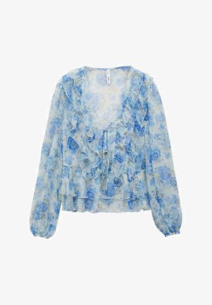 Kukkakuvioinen paita vaaleansinisestä ja valkoisesta läpikuultavasta kankaasta. Tässä paidassa on röyhelöreunat, pitkät hihat ja solmittava etuosa. Pehmeä, kevyt rakenne.