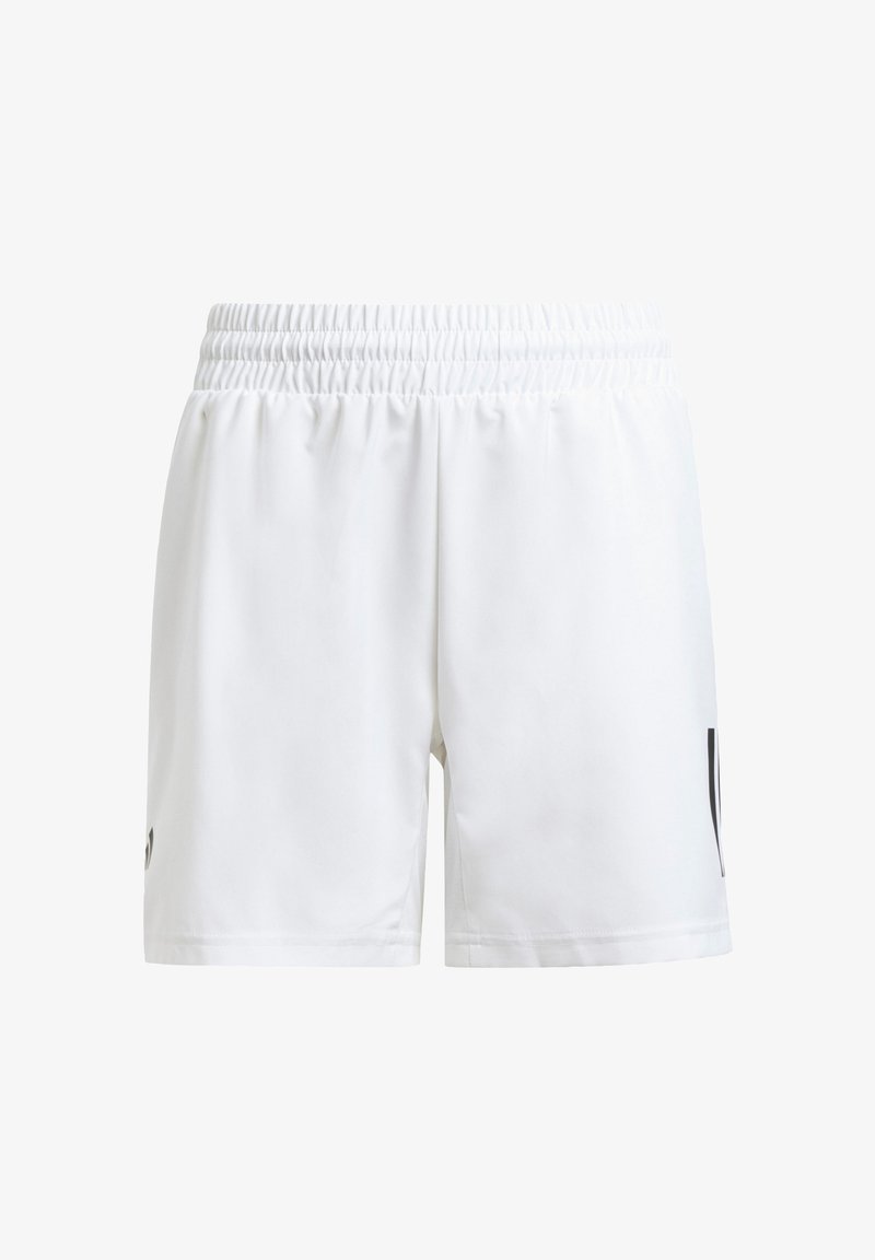 Shorts de sport blancs avec une taille élastique, texture lisse et détail de logo noir sur le côté. Coupe standard, design arrivant aux genoux.