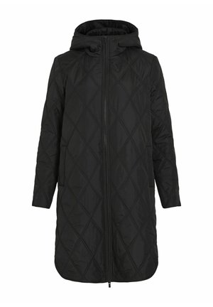 Manteau noir matelassé avec capuche, manches longues, fermeture éclair avant et poches latérales. Le motif en losange sur le tissu ajoute de la texture.