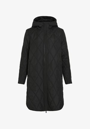 Black quilted coat featuring a hood, long sleeves, front zipper, and side pockets. Diamond pattern across the fabric adds texture.