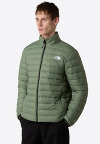 Giacca a vento verde con zip anteriore, colletto alto e design cucito. Dotata di tasche laterali e di un logo sul lato sinistro del petto.
