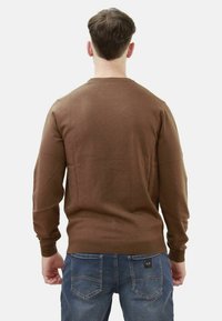 Maglione marrone a maniche lunghe realizzato in tessuto morbido, con collo a giro e polsini a costine, indossato con jeans blu, visto da dietro.