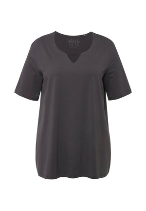 Donkergrijze T-shirt met korte mouwen, voorzien van een V-hals, een soepele textuur en een afgeronde onderrand. Merklogo zichtbaar aan de binnenkant van de hals.