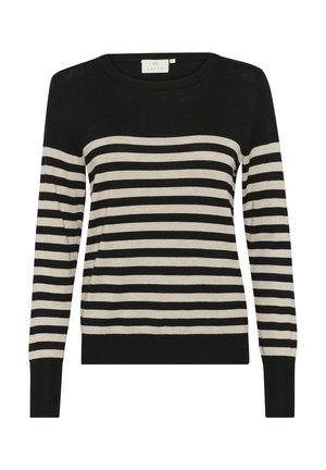 Schwarzer und crema gestreifter Pullover mit Rundhalsausschnitt und langen Ärmeln. Weicher Stoff, gerippte Bündchen und Saum. Einfaches, klassisches Design.