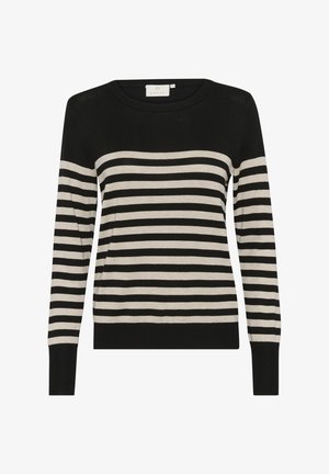Čierny a krémový pruhovaný sveter s okrúhlym výstrihom a dlhými rukávmi. Mäkka tkanina, rebrované manžety a lem. Jednoduchý, klasický dizajn.
