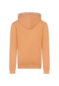 Hoodie orange au design sobre, avec une capuche à cordon de serrage et des manches à bords côtelés. Au niveau du col, un label logo blanc.