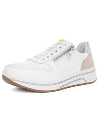 White leather sneaker with side zipper, lace-up front, beige suede heel patch, and brown rubber sole.