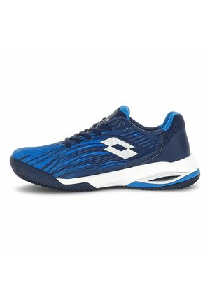 Scarpa da ginnastica atletica blu e nera con suola bianca e blu, tallone in mesh e logo bianco sul lato, mostrata in profilo laterale rivolta a sinistra.