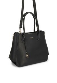 Fekete bőrből készült kézitáska két fogóval és eltávolítható vállpánttal, arany cipzárral, valamint egy kis arany "kazar" márkajelzéssel az elején.