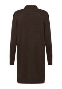 Pull long couleur marron avec un col, fabriqué dans un tissu doux. Doté de manches longues et d'un design simple. Pas de motifs visibles ni d'ornements.