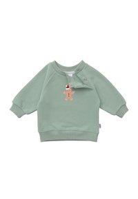 Green cotton sweatshirt with raglan sleeves, featuring a gingerbread man graphic and decorative buttons at the shoulder for easy wear.