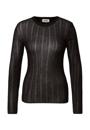 Top negro de punto semitransparente ajustado de manga larga con textura acanalada, cuello redondo y etiqueta de la marca en el interior del cuello.