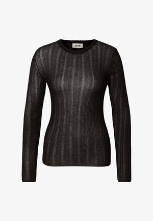 Top negro de punto semitransparente ajustado de manga larga con textura acanalada, cuello redondo y etiqueta de la marca en el interior del cuello.