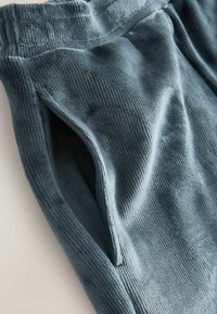 Minkštos kordūrovos jogger kelnes švelnios mėlynos spalvos, su tekstūruota paviršiumi, elastingu juosmeniu ir šoninėmis kišenėmis.