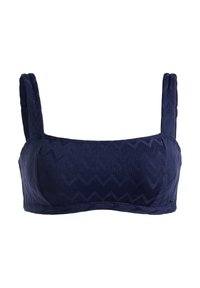 Námornícky modrý bikiny top vyrobený z textúrovanej tkaniny so zúbkovaným vzorom, s hrubými ramienkami a štruktúrovaným tvarom.
