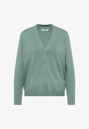 Zielony kardigan z dekoltem w serek, długimi rękawami i sześcioma guzikami. Wykonany z miękkiego materiału o gładkiej strukturze.