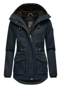 Navy blue parka jacket with a fur-lined hood, zip closure, two front pockets, adjustable drawstrings, and ribbed cuffs.