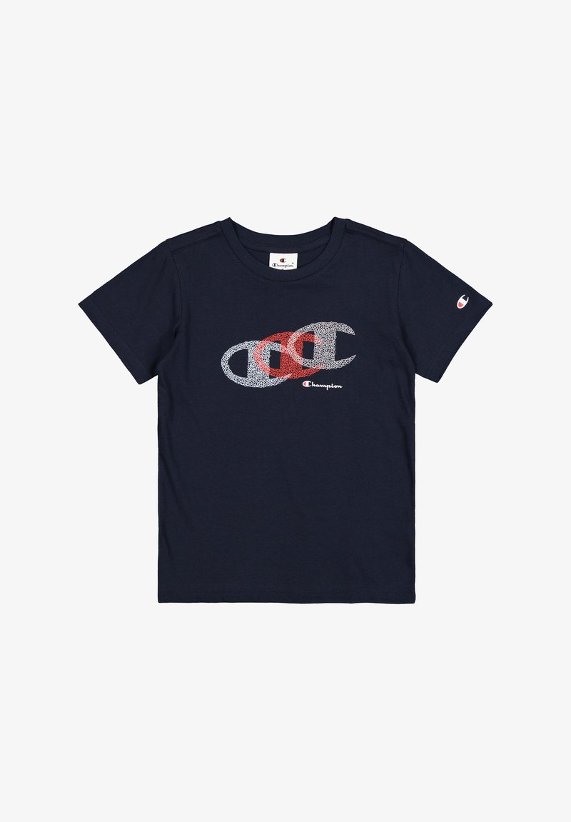 Marineblaues Baumwoll-T-Shirt mit kurzen Ärmeln, versehen mit einem grafischen Logo-Design in Rot und Weiß. Standard Rundhalsausschnitt, lockere Passform.