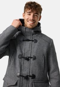 Gray wool blend jacket with a hood, featuring toggle fastenings, side pockets, and a textured finish.