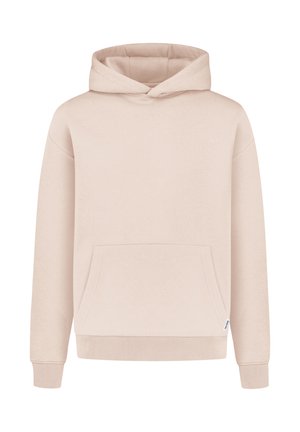 Hoodie vaaleanbeige väri, jossa on etutasku, ribatuet hihansuissa ja helmassa, säätönyöri hupussa ja pehmeä, tekstuurinen kangas.