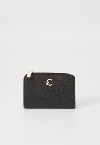 Portafoglio in pelle nera con finitura texture, dotato di un accento in logo dorato e chiusura con zip. Forma rettangolare compatta, design minimalista.
