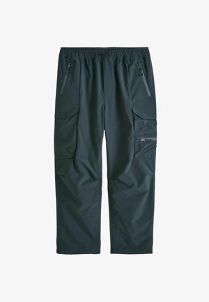 Sötétszürke cargo nadrág, elasztikus derékkal, több zsebbel és cipzárral, sima, könnyű és tartós anyaggal.